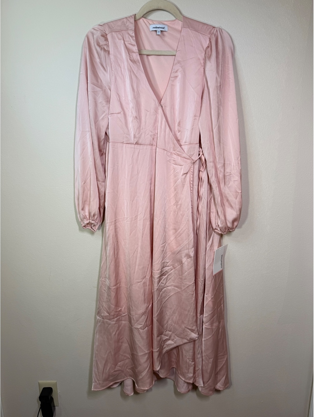Motherhood maternity Pink Satin Wrap Dress with Long Sleeves Size S